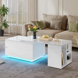 YITAHOME LED Coffee Table with Storage 4 Drawers, Modern Coffee Tables for Living Room, Wooden Rectangle Extendable Center Table with Open Shelves & Sliding Tabletop 35"- 61" for Home Office, White YITAHOME