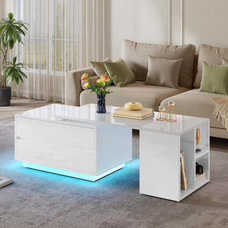 YITAHOME LED Coffee Table with Storage 4 Drawers, Modern Coffee Tables for Living Room, Wooden Rectangle Extendable Center Table with Open Shelves & Sliding Tabletop 35"- 61" for Home Office, White YITAHOME
