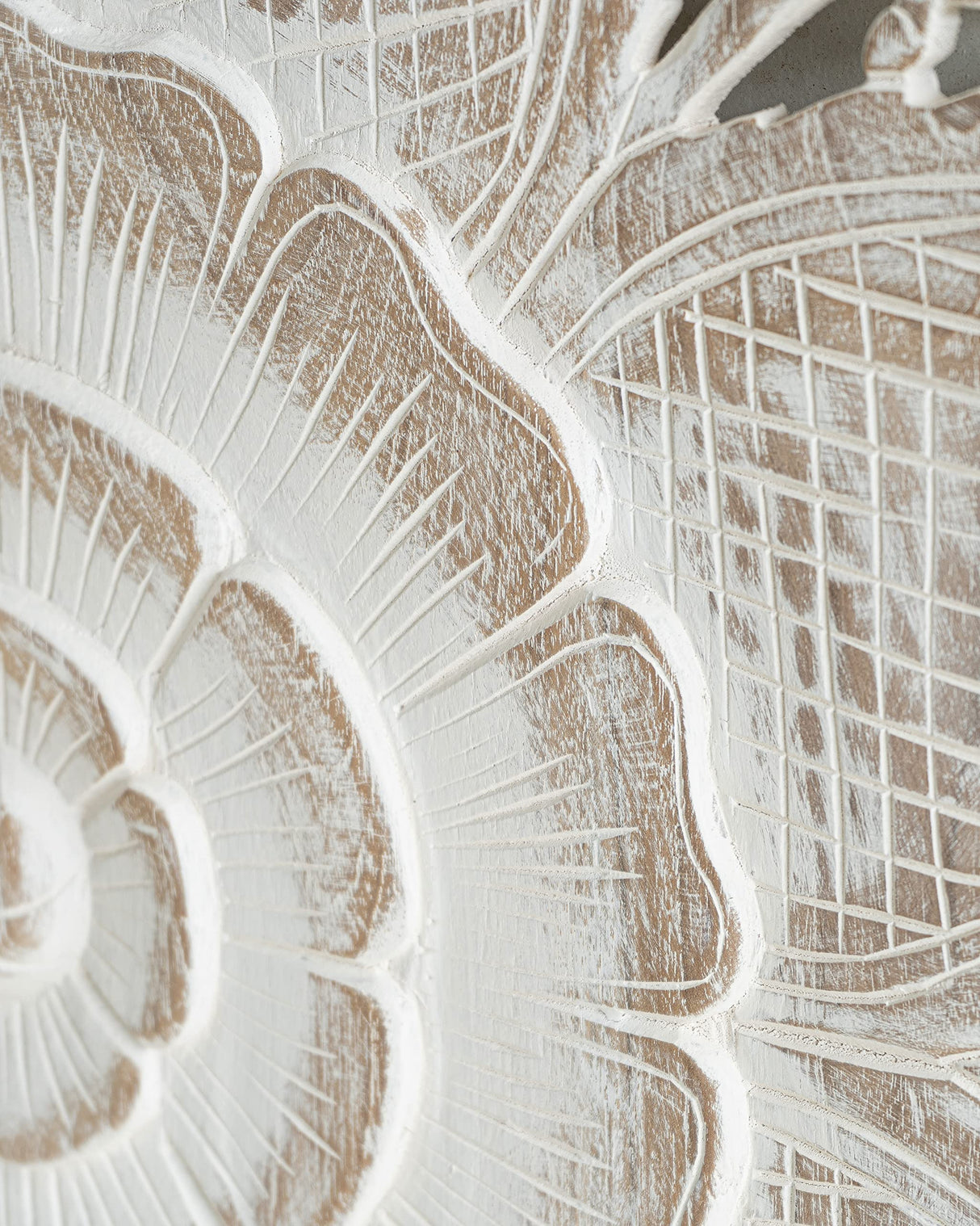 Wood Hand Carved Mandala King Size Headboard Wall Mounted Art Hanging Whitewash Bedroom Furniture Handcrafted in Thailand 72 Inches Siam Sawadee