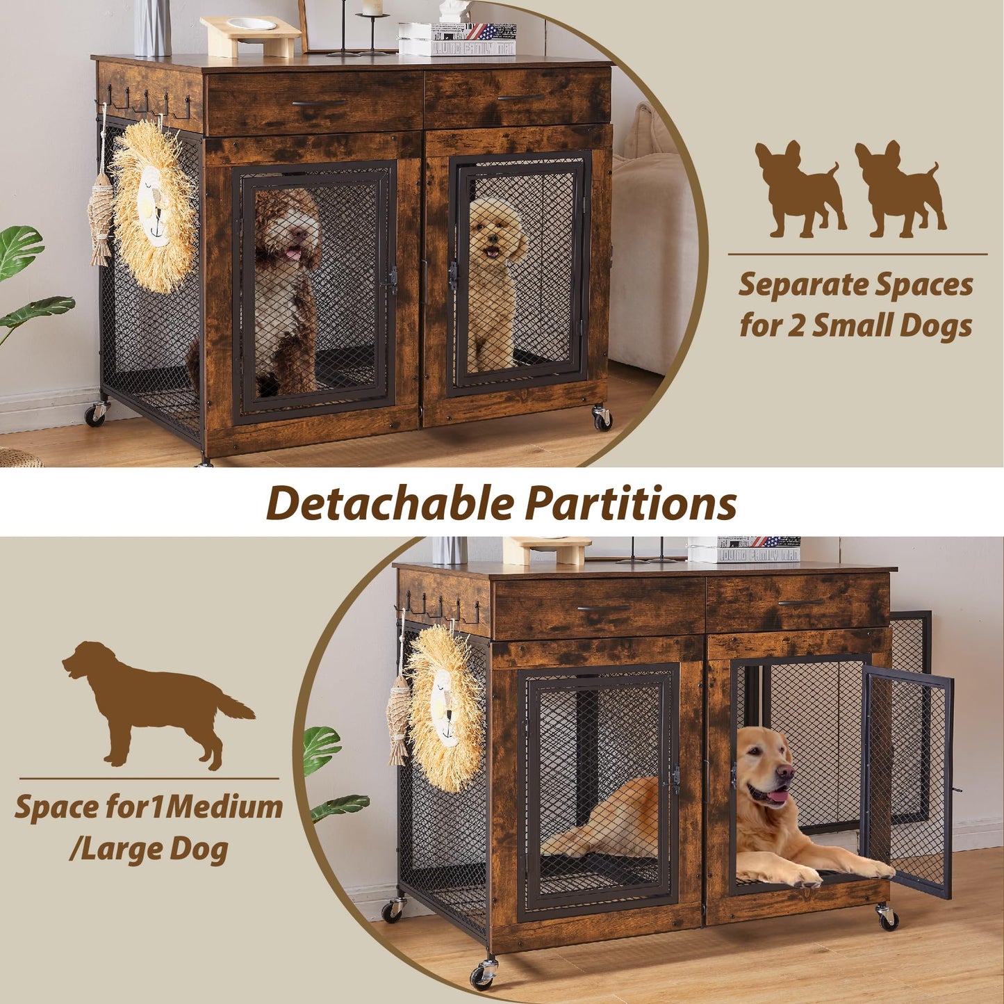 43" Large Dog Crate Furniture, Wood Dog Kennel End Table with Drawers, Decorative Pet Crate with Removable Partitions & Wheels, Dog House Indoor for Large/Medium/Small Dogs