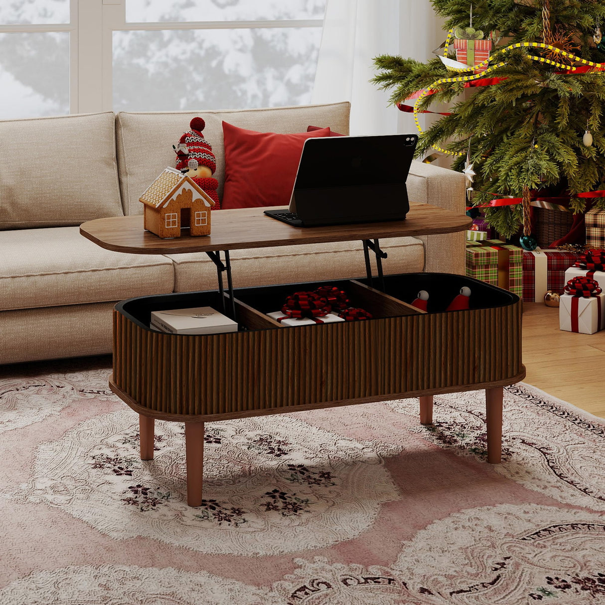 Fluted Lift Top Coffee Table with Hidden Storage, Oval Coffee Table with Lifting Top, Mid Century Modern Design for Living Room, Office & Small Spaces(Walnut) Cuzobro