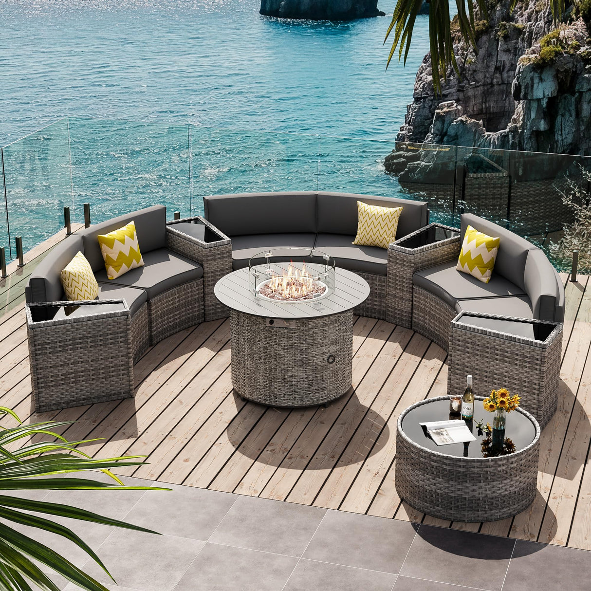 VONZOY Patio Sectional Furniture Outdoor 12-Piece Grey Rattan Curved Sofa Set with Fire Pit Table,Storage Table,Pillows,Fit for Pool Backyard Balcony Porch Lawn (Grey) VONZOY