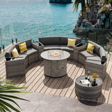 VONZOY Patio Sectional Furniture Outdoor 12-Piece Grey Rattan Curved Sofa Set with Fire Pit Table,Storage Table,Pillows,Fit for Pool Backyard Balcony Porch Lawn (Grey) VONZOY