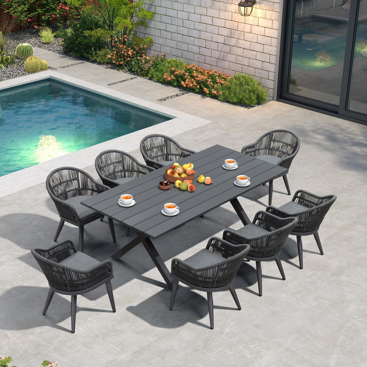 PURPLE LEAF 9 Pieces Patio Dining Set with Outdoor Aluminium Dining Table and Woven Rattan Chairs Modern Metal Furniture Cushions Sets for Garden Yard Indoor Decor Kitchen Gray PURPLE LEAF