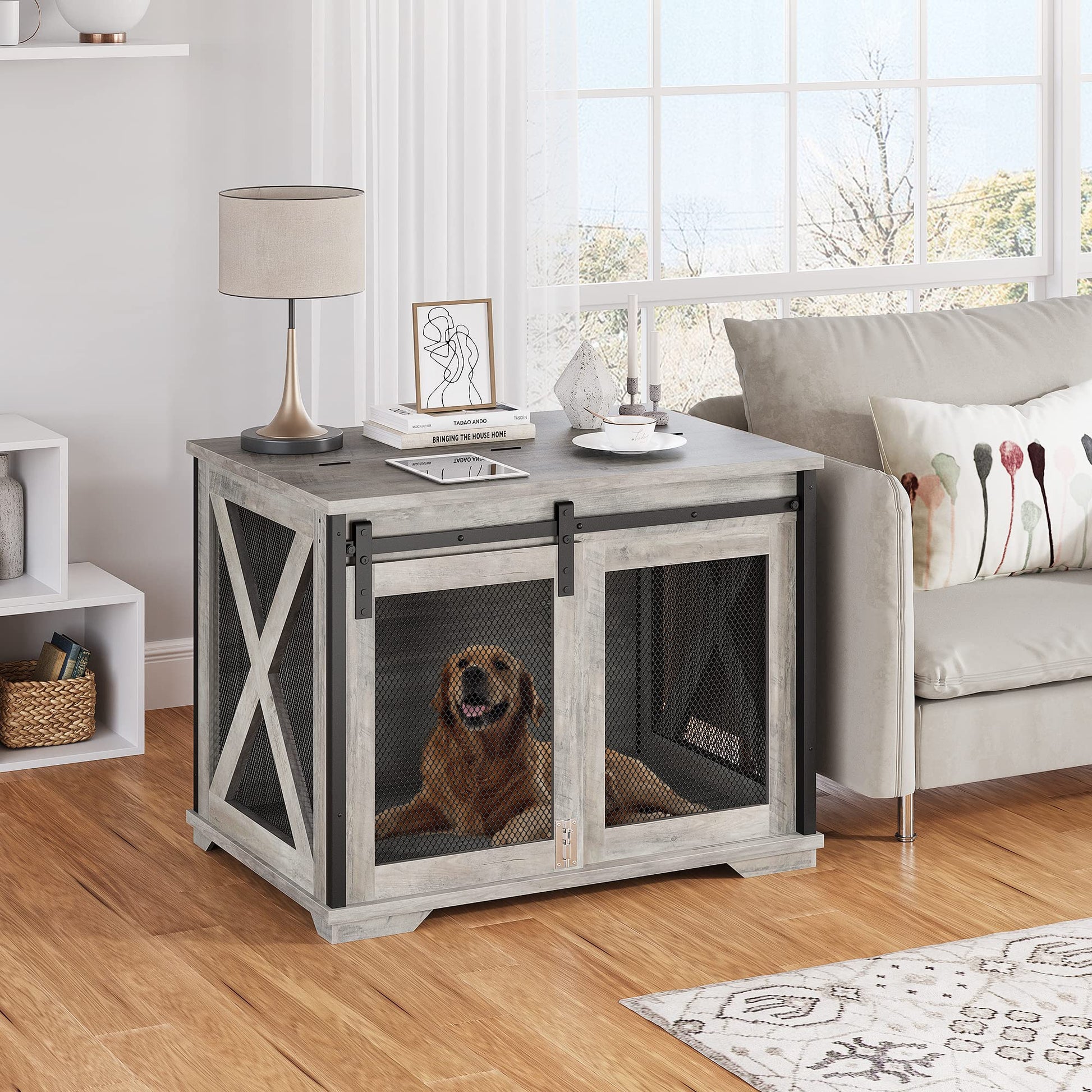 GAOMON 37'' Sliding Barn Door Dog Crate Furniture with Flip Top and Movable Divider, Dog Kennel Side End Table, Wooden Dog Crate Table, Grey - WoodArtSupply