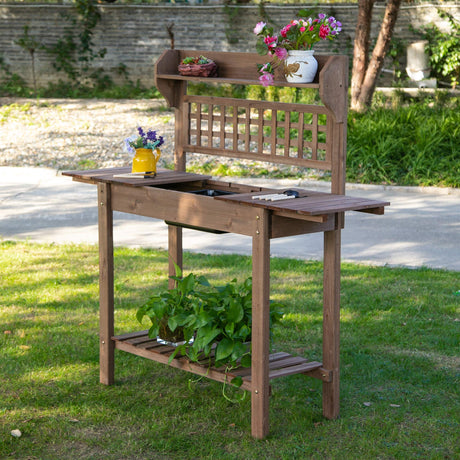 Outsunny Outdoor Potting Bench Table, Wooden Workstation with Sliding Tabletop, Storage Shelf and Dry Sink, for Greenhouse, Garden, Patio, Brown Outsunny