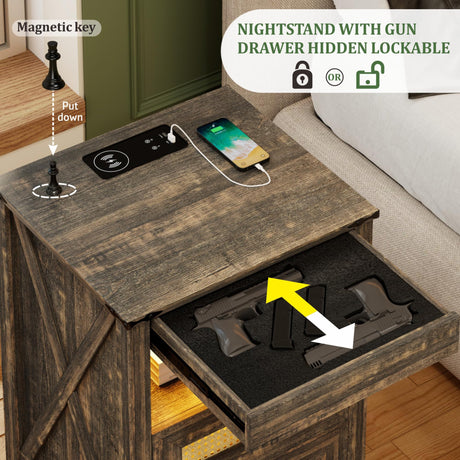 ACTKISS Night Stand with Gun Drawer, Bedside Table with Charging Station & LED Light, Gun Nightstand for Bedroom Living Room, Farmhouse End Table, Rustic ACTKISS