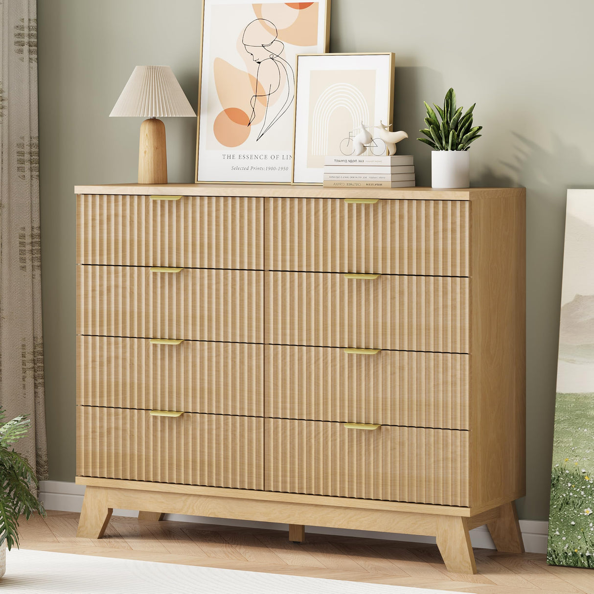 Fluted Dresser for Bedroom with 8 Drawers, 48" Wide Modern Chest of Drawers with Metal Handle, Wooden Dresser TV Stand, Wood Closet Clothes Storage Organizer for Living Room, Hallway, Natural Oak Xixini