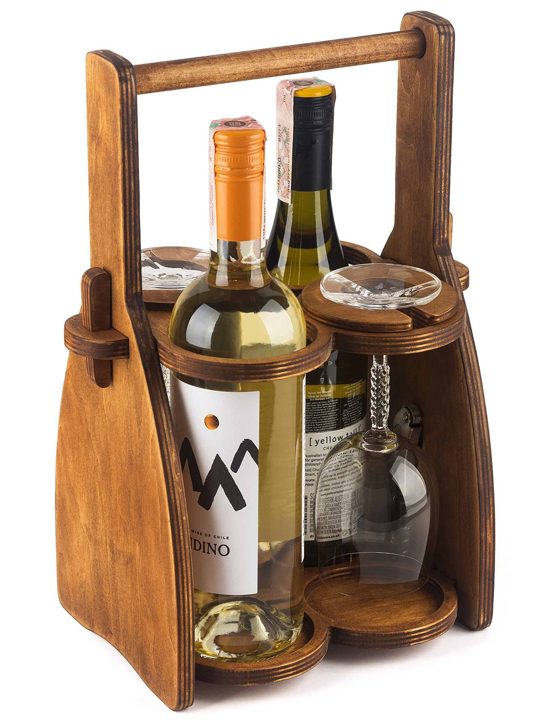 ROSTMARYGIFT Wood Wine Bottle Glasses Caddy - Beer Carrier - Drinking Desk Accessories Men's Wine Organizer - Glass Tray Holder - Wine Storage Stand - WoodArtSupply