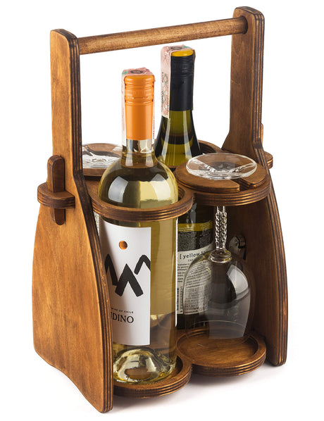ROSTMARYGIFT Wood Wine Bottle Glasses Caddy - Beer Carrier - Drinking Desk Accessories Men's Wine Organizer - Glass Tray Holder - Wine Storage Stand ROSTMARYGIFT
