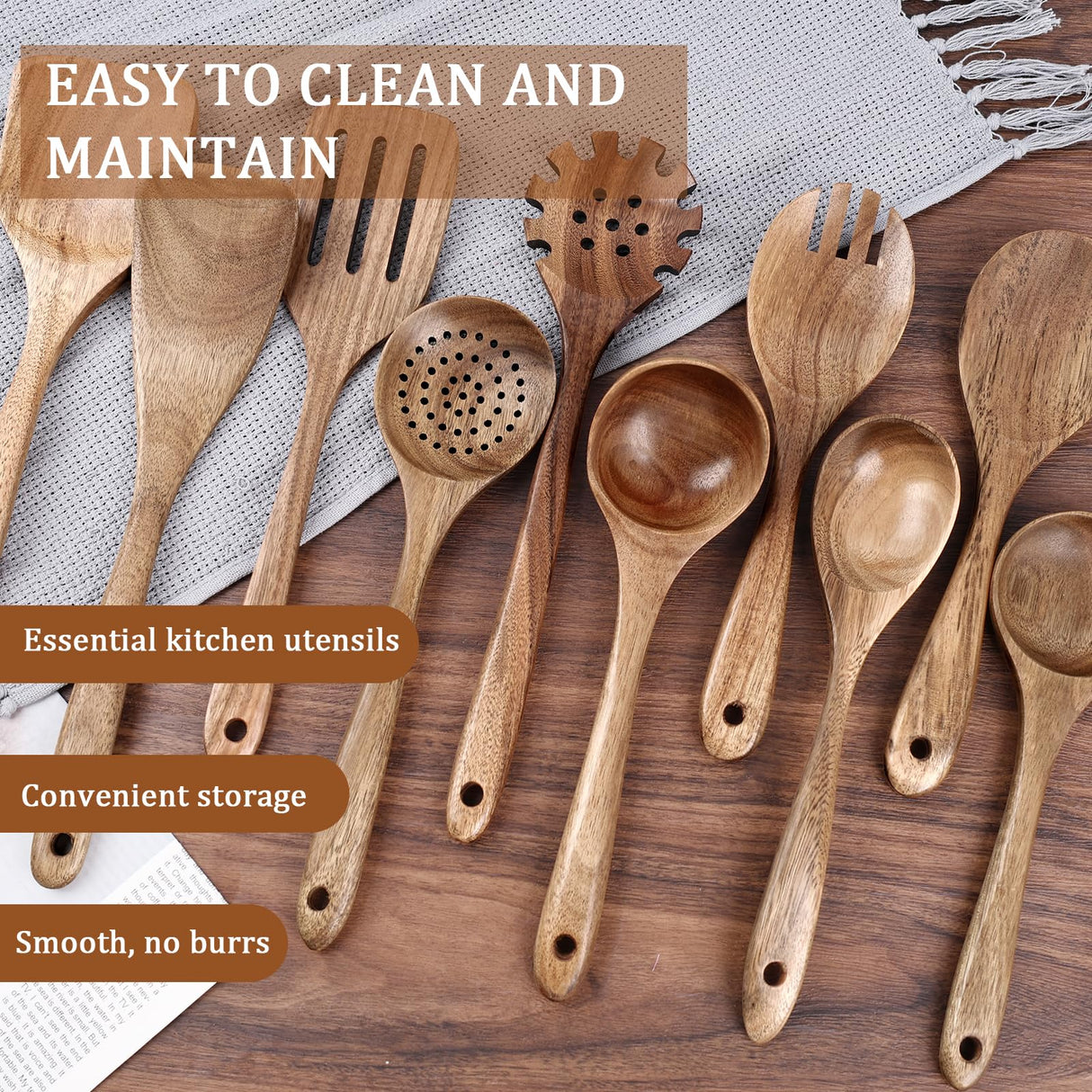 HAKSEN 10PCS Wooden Cooking Utensils, Natural Acacia Wood Kitchen Utensils Wooden Spatulas for Serving Stirring Cooking Mixing HAKSEN