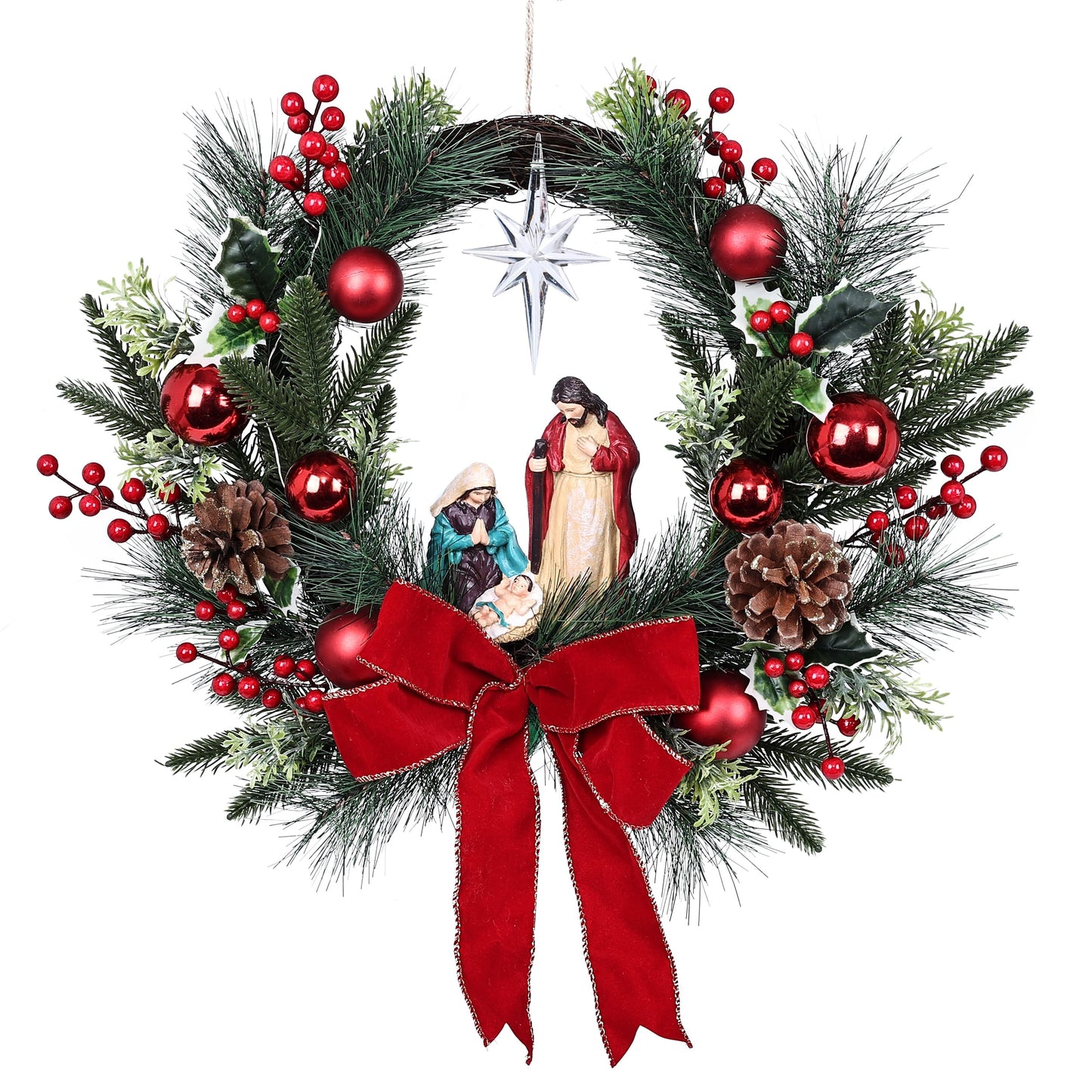 Moonet 19" Christmas Wreath with LED Lights Jesus Nativity Scene Garland for Home Hanging Ornament, Holiday Wreath with Lights for Front Door, Window, Fireplace