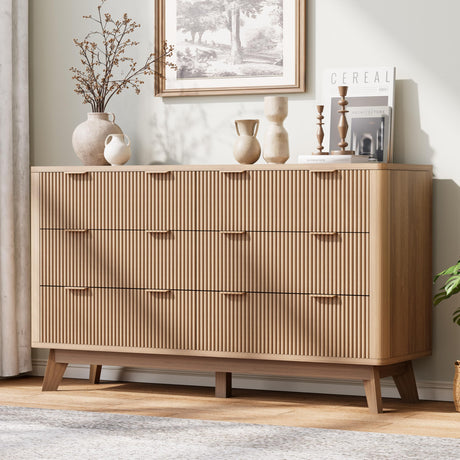 Royal Windsor 6 Drawer Dresser with Fluted Panel, Modern Chest of Drawers for Living Room, Wide Wooden Closet Dresser TV Stand with Ample Storage Space for Bedroom and Hallway, Natural Oak Royal Windsor