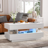 KUVADAZ 39.3" Lift Top Coffee Table with 2 Drawers and LED Lights, Modern Rectangular High-Gloss Center Table Cocktail Tea Table with Lift-Top and Hidden Space for Living Room Apartment White KUVADAZ