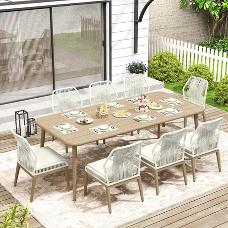 HAPPATIO Outdoor Dining Sets for 8, 9-Piece Patio Table and Chairs Set, Rope Woven Chairs with Cushions, Wood-Grain Aluminum Frame Patio Dining Set for Outside, Lawn, Garden, Backyard HAPPATIO