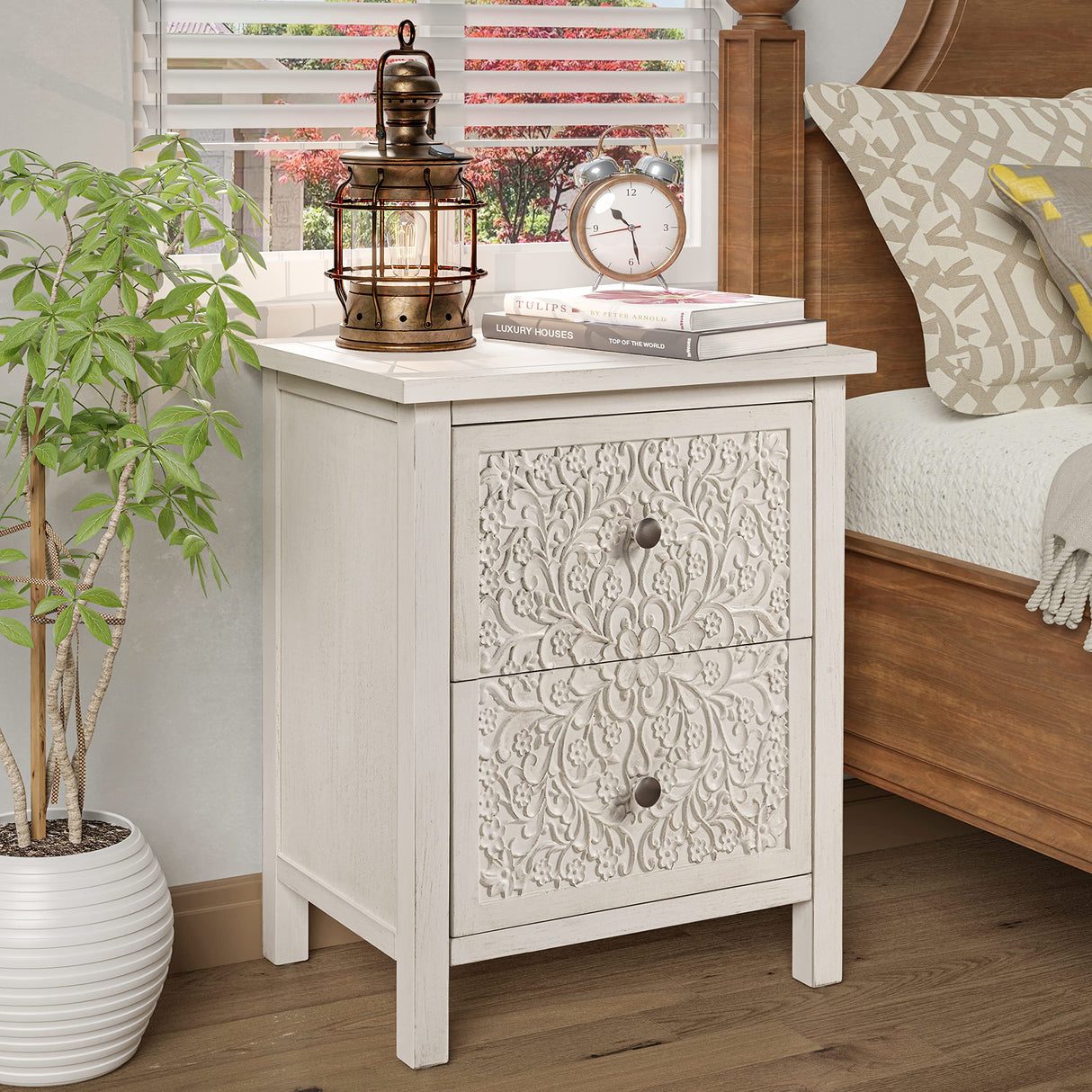 COZAYH Farmhouse Fully-Assembled Nightstand with 2-Drawer, Flower Motif End Table for Small Spaces, French Country, Modern, Distressed Finish, White-Washed COZAYH