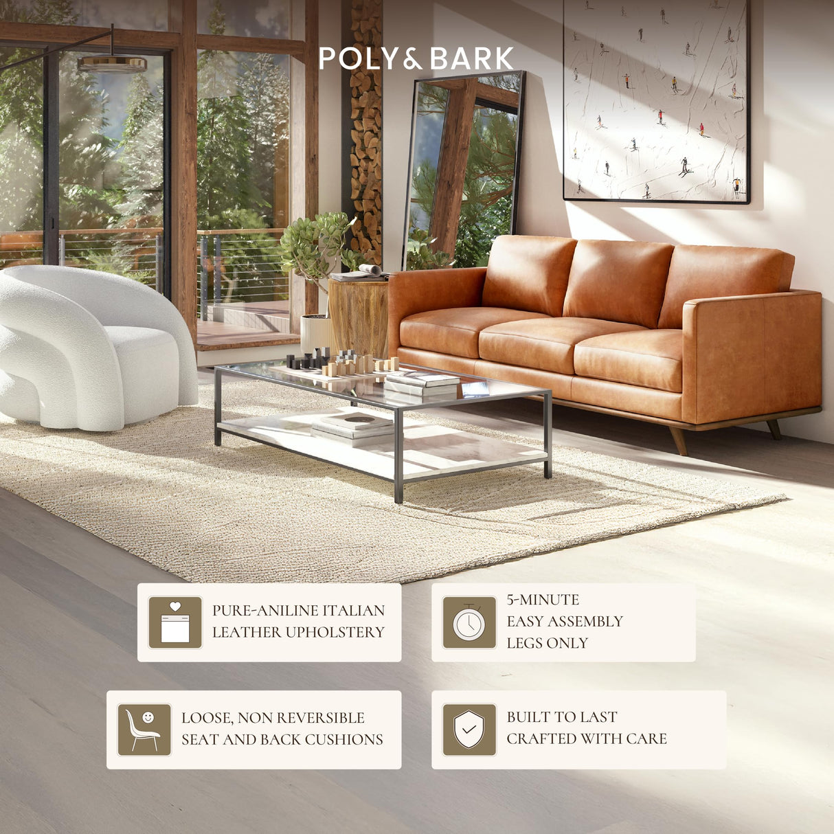 POLY & BARK Nolita 85" Sofa – Cognac Tan Full-Grain Pure-Aniline Italian Leather, Feather-Down Cushioning, Solid Rubberwood Base & Legs POLY & BARK