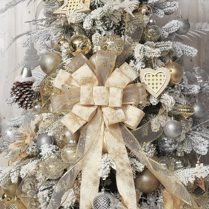 Christmas Tree Topper Bow, 44X12 Inch Artificial Xmas Tree Flower Topper Decor, for Family, Wedding, Birthday Party, Indoor Outdoor Thanksgiving Christmas Decoration - Gold/Snowflake.