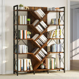 DWVO Industrial Tree Bookshelf, Large 5 Tier Bookcase Tall Standing Book Shelves Organizer Display Rack for Living Room Home Office, Rustic Brown DWVO