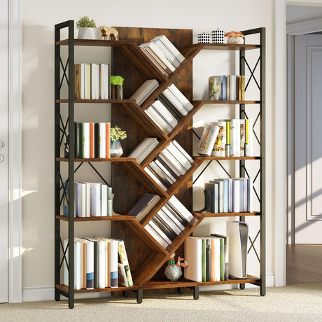 DWVO Industrial Tree Bookshelf, Large 5 Tier Bookcase Tall Standing Book Shelves Organizer Display Rack for Living Room Home Office, Rustic Brown DWVO