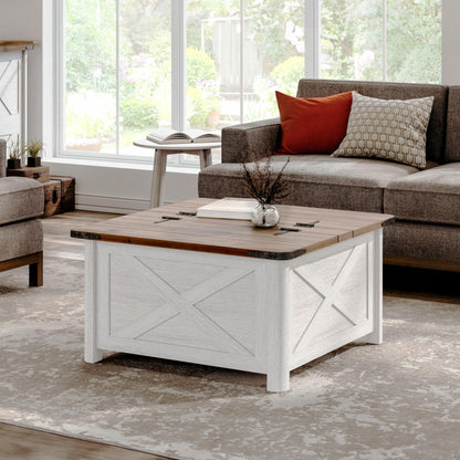 Farmhouse Square Wood Coffee Tables with Storage Hidden Space for Living Room Small Space, Antique White