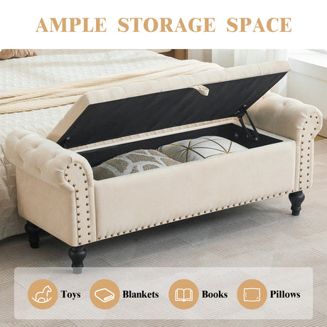 Howjoe 51" Bedroom Storage Bench, End of Bed Bench with Storage, Chenille Upholstered Benches, Ottoman with Storage, Window Benches with Rolled Arm and Nailhead Trim for Living Room, Entryway, Beige Howjoe