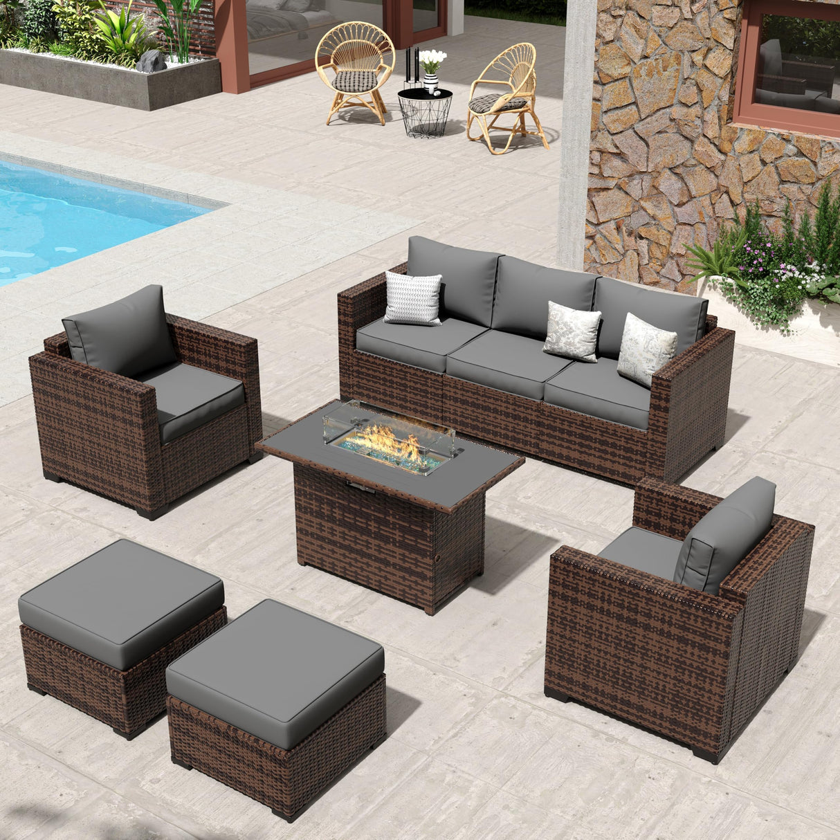Amopatio 8-Piece Wicker Outdoor Patio Furniture Set with Ottoman, Sectional Couch, 44” Metal Fire Pit Table for Patio, Porch, Backyard - Weather Resistant, Comfortable Cushions, Grey Amopatio