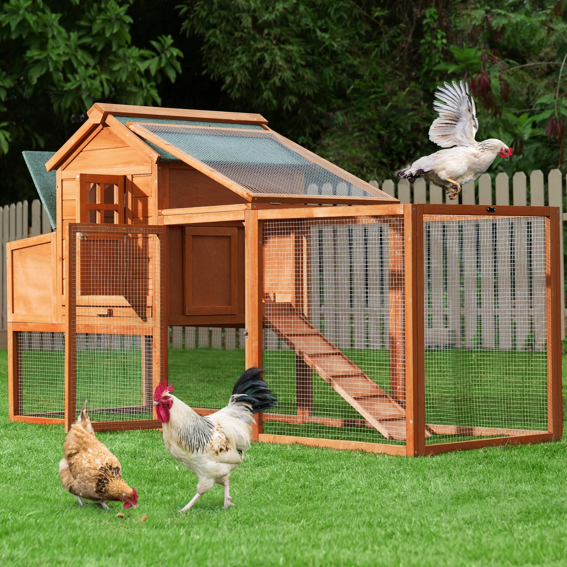 Breltam 79" Chicken Coop Hen House Wooden Chicken House Poultry Cage with Run, Nesting Box, Removable Tray for Outdoor - WoodArtSupply