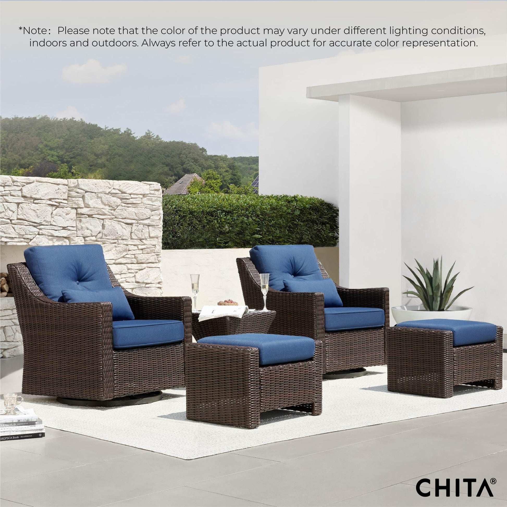 CHITA 5 Pieces Wicker Patio Furniture Set, Outdoor Conversation Set with 2 Pieces Rocking Swivel Chairs, 2 Pieces Ottomans and Side Table, Blue Cushions with Chestnut Wicker - WoodArtSupply