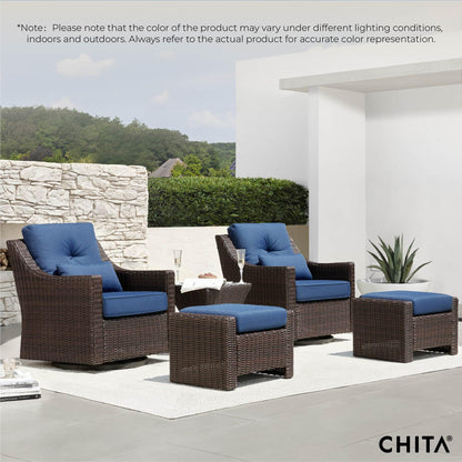 CHITA 5 Pieces Wicker Patio Furniture Set, Outdoor Conversation Set with 2 Pieces Rocking Swivel Chairs, 2 Pieces Ottomans and Side Table, Blue Cushions with Chestnut Wicker - WoodArtSupply