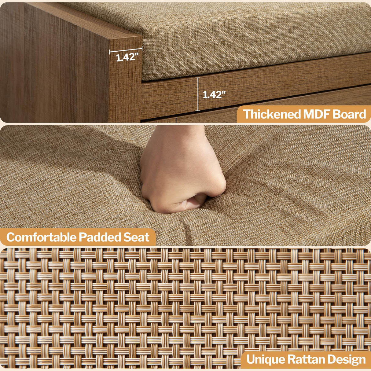 SICOTAS Rattan Shoe Bench Entryway Bench with Storage Drawer and Linen Seat Cushion, Farmhouse Boho Shoe Rack Bench with Shelf, Wooden Storage Bench for Entryway Hallway and Bedroom, Natural Oak, 2PCS SICOTAS