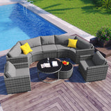 9-Piece Outdoor Patio Half Moon Furniture Set, Free Combination Sofa Set Sectional Conversation Set, Rattan Wicker Half Moon Sofa Set with Free Overlapping Round Table (Gray Wicker + Gray Cushion) YSWH