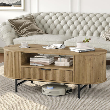 Furniouse 47.3'' Fluted Coffee Table with Storage, Oval Round Coffee Table with Large Drawer Curved Center Table Modern Wood Coffee Table for Living Room Home, Natural Furniouse