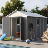 UDPATIO Storage Shed 8 x 10 FT, Resin Outdoor Garden Sheds with Floor Plastic Patio Outdoor Storage with Lockable Door for Tool, Bike, Garbage Gray White UDPATIO