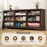 EnHomee 9 Drawers Dresser, 63" W Farmhouse Dressers for Bedroom Dressers with 9 Drawers, Solid Wood Dresser TV Stand with Large Metal Handle, Modern Wood Drawer Organizer for Closet (Rsutic Brown) EnHomee