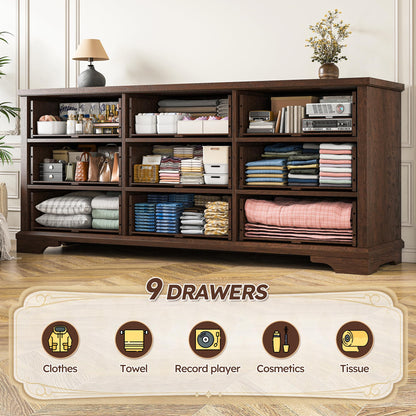 EnHomee 9 Drawers Dresser, 63" W Farmhouse Dressers for Bedroom Dressers with 9 Drawers, Solid Wood Dresser TV Stand with Large Metal Handle, Modern Wood Drawer Organizer for Closet (Rsutic Brown)