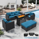 6 Pieces Outdoor Patio Furniture Sets with Furniture Cover, PE Rattan Wicker Patio Conversation Set with 60000 BTU Outdoor Propane Fire Pit Table(Peacock Blue, Fire Pit Table) wudipatio