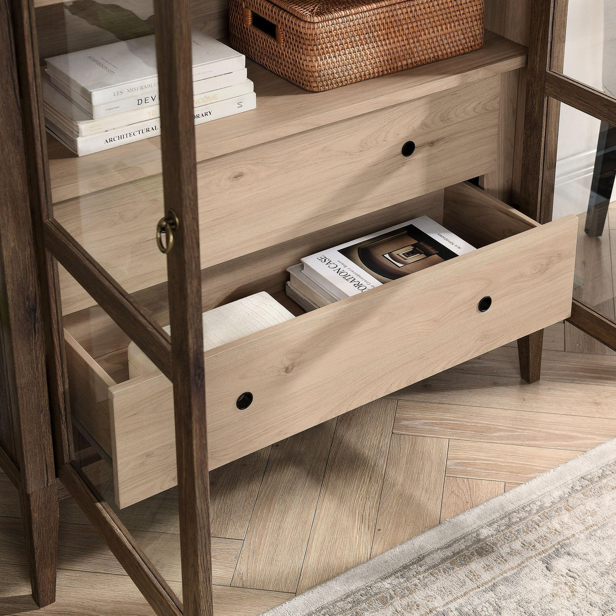 Modway Nolan Tall Arched Storage Display Cabinet in Walnut Light Oak - 74 Inch Arch Bookshelf with Glass Doors, Shelves and Drawers - Modern Accent Cabinet for Living Room, Dining Room Modway