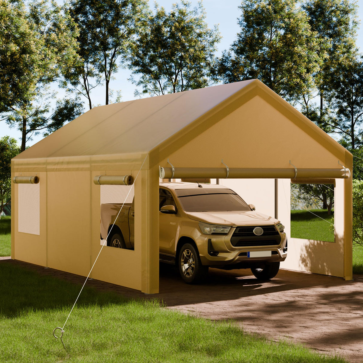 Shintenchi Carport 10' x 20' Heavy Duty Portable Garage, Car Port Canopy with Side-Opening Removable Door & Roll-Up Windows, Car Canopy for Truck, Boat, Motorcycle, Khaki Shintenchi