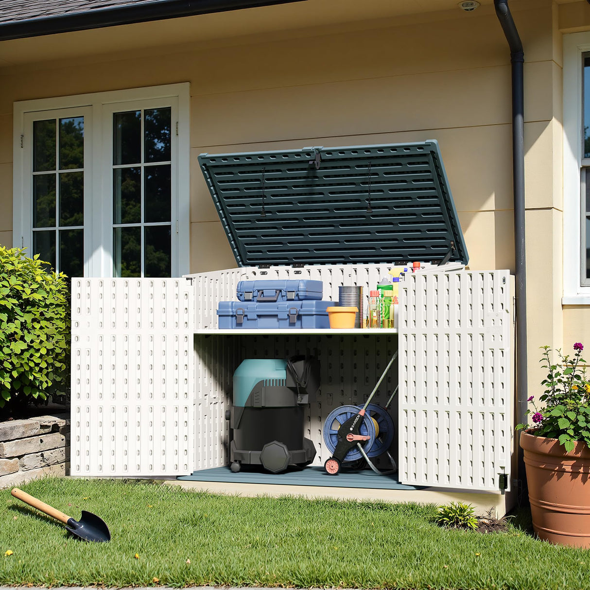 Greesum Outdoor Resin Storage Shed, 34 Cu.ft Horizontal Outdoor Storage Box Waterproof for Garden, Pool Storage, Garbage Cans, Beige Greesum