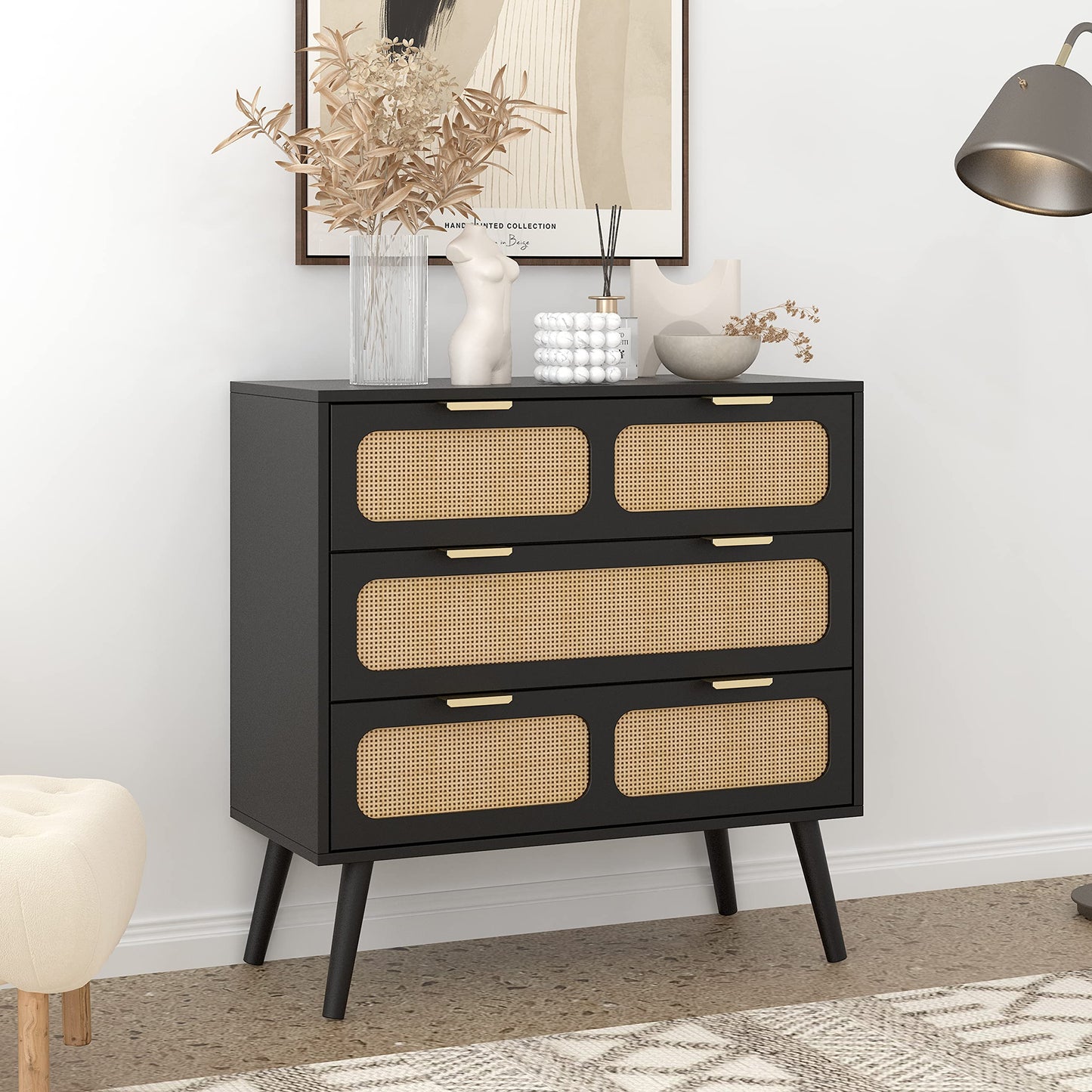 QEIUZON 3 Drawer Dresser, Modern Rattan Dresser Chest with Wide Drawers and Metal Handles, Farmhouse Wood Storage Chest of Drawers for Bedroom, Living Room, Hallway, Entryway (Black) - WoodArtSupply