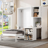 Merax Twin Size Rotating Wall Murphy Beds, Wood Folding Murphy Wall Bed with Bookshelf, Top Cabinet, Extendable Desk & Side Storage, White Merax