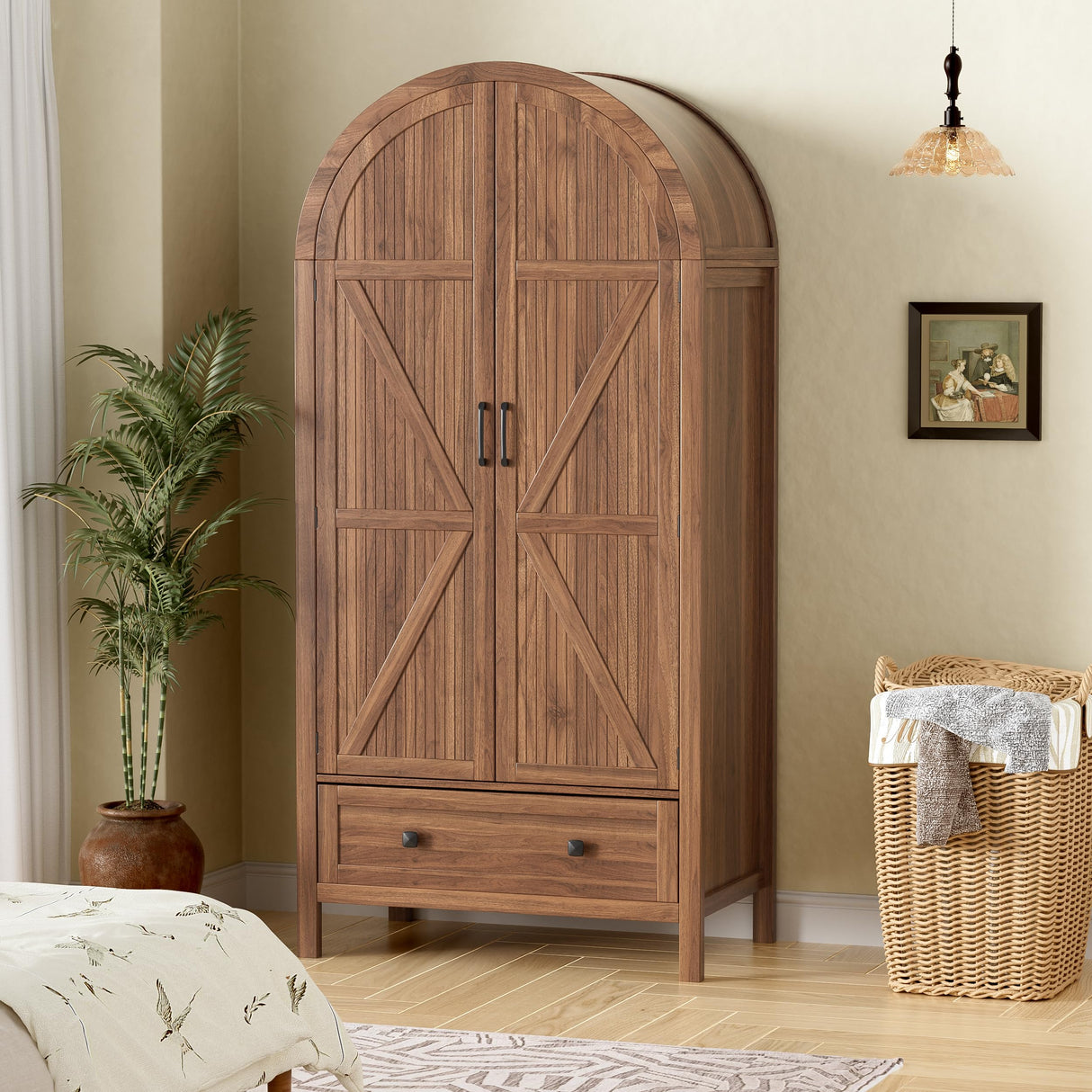 PAKASEPT Armoire Wardrobe Closet with Drawers and 2 Arched Fluted Doors, 70.9‘’ Tall Wooden Bedroom Armoires with LED Light & Shelves and Hanging Rod(Brown) PAKASEPT