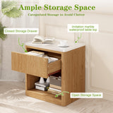 Yusong Night Stand, Wood Fluted Nightstand, 22" Large Bedside Table End Table with Faux Marble Top, Modern Night Stands with Drawer Storage for Bedroom Living Room, Natural Oak (1) Yusong