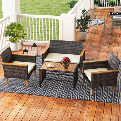 YITAHOME Wooden Armrest 4-Piece Patio Furniture Set, All-Weather Outdoor Furniture Rattan Wicker Conversation Set with Wooden Side Table, Wooden Armrests &Feet and Soft Cushions, Brown+Beige - WoodArtSupply