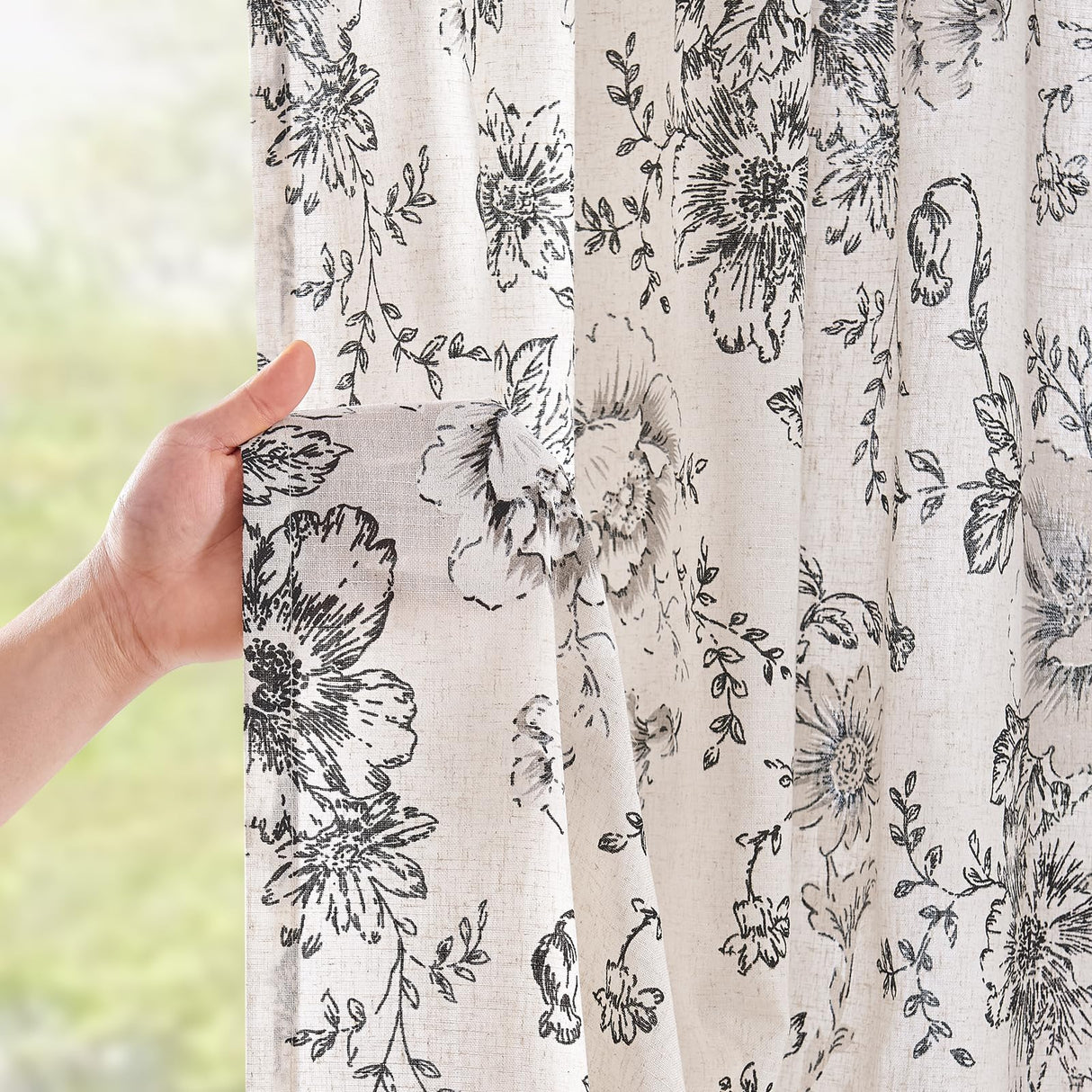 jinchan Linen Blend Curtain Floral Curtains for Living Room 84 Inch Length Black Printed Curtain Rod Pocket Back Tab Farmhouse Peony Flower Patterned Drapes Bedroom Window Curtains Set 2 Panels jinchan