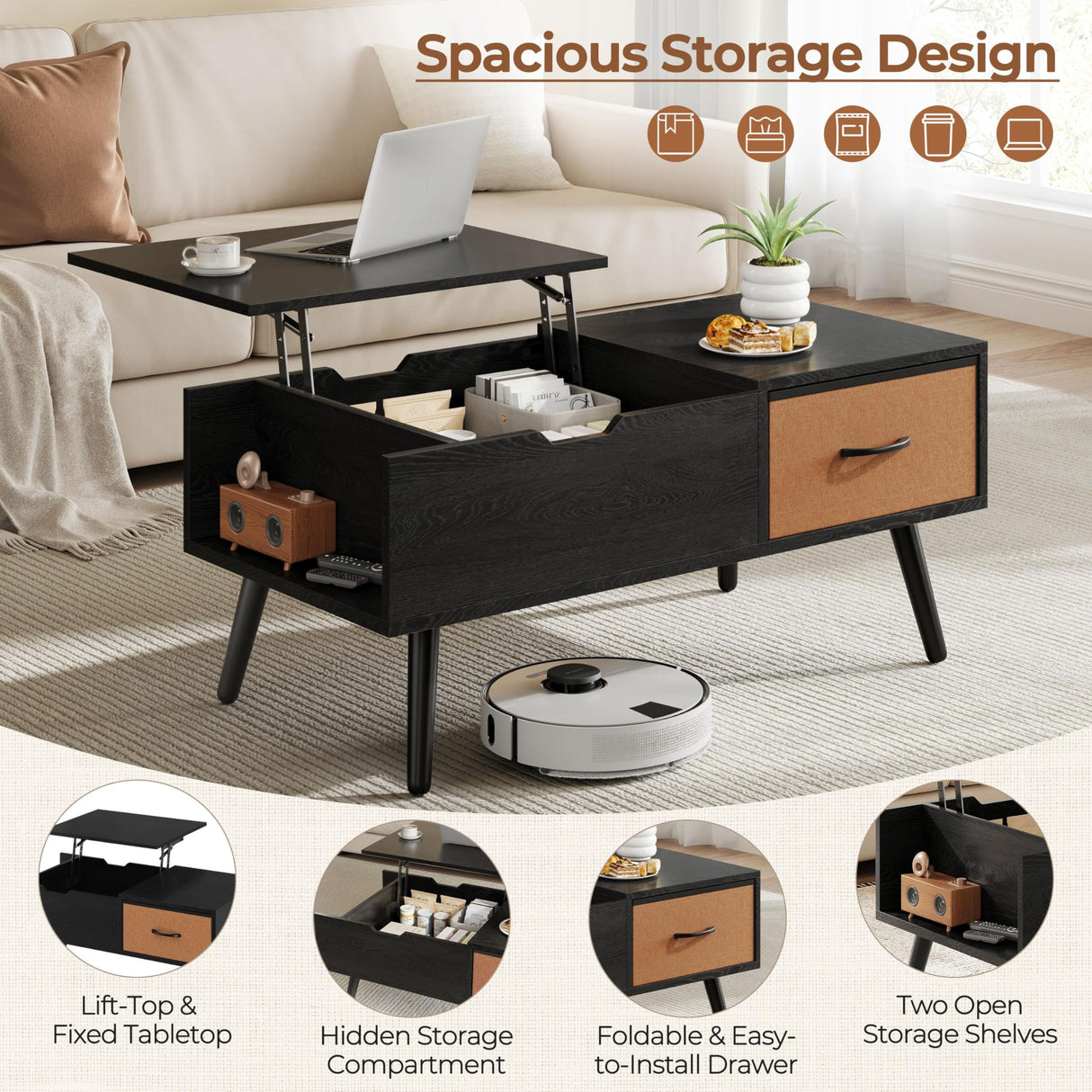 Yaheetech Lift Top Coffee Table for Living Room, Wooden Small Center Tables with Large Storage Shelf Drawer and Hidden Compartment Modern, Black Yaheetech