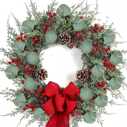 zjlmit 20 Inch Artificial Christmas Wreath Christmas Wreaths for Front Door with Pine Needles Pine Cones Red Berries Eucalyptus Leaves Red Bow for Home Office Wall Window Fireplace Winter Holidays