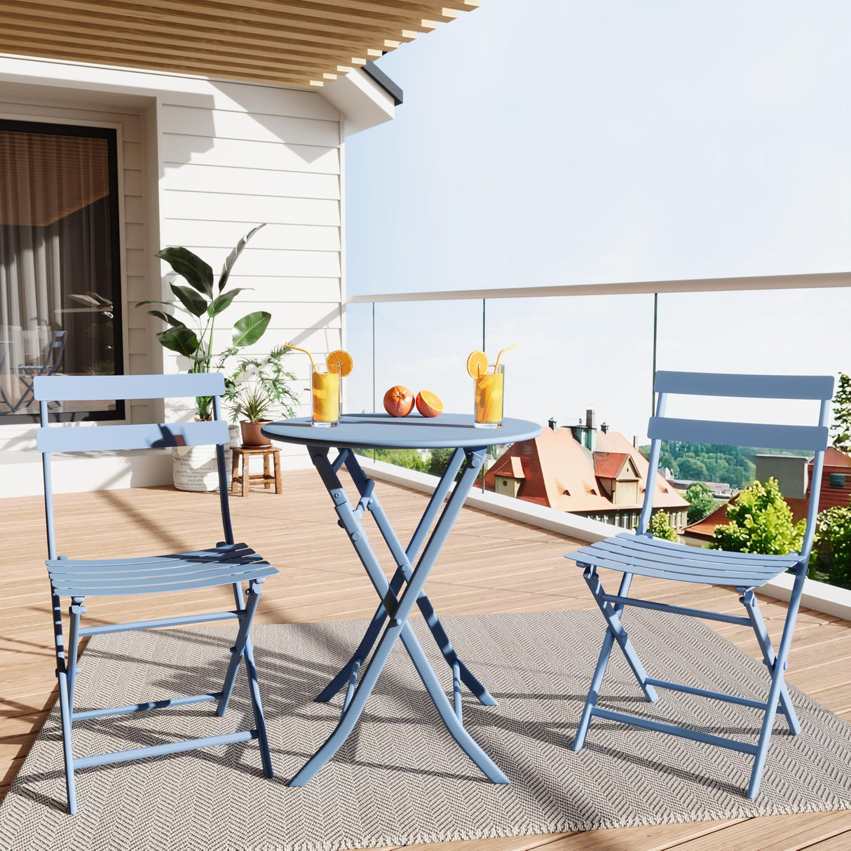 3 Piece Bistro Set Outdoor Indoor, Folding Bistro Table and Chairs Set of 2, Waterproof Patio Furniture for Balcony Porch Apartment Garden(Blue) Garvee