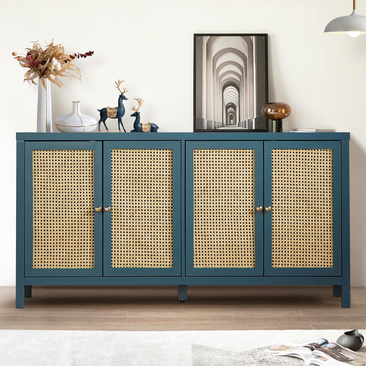 QHITTY Sideboard Buffet Cabinet, Rattan Accent Cabinet Storage Cabinet Console Table with 4 Doors and Adjustable Shelves for Kitchen, Dining Room, Living Room, Hallway (Blue) QHITTY